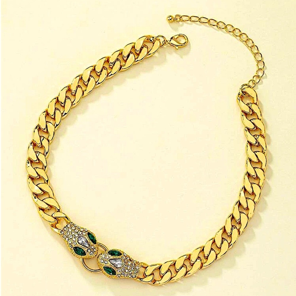 Gold Snake Chain Link Curb Cuban Emerald Zircon Choker Necklace - Picture 2 of 3